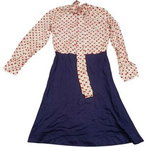 Vintage Heart Print‎ Midi Dress Womens M Navy Blue Red Retro 70s 80s